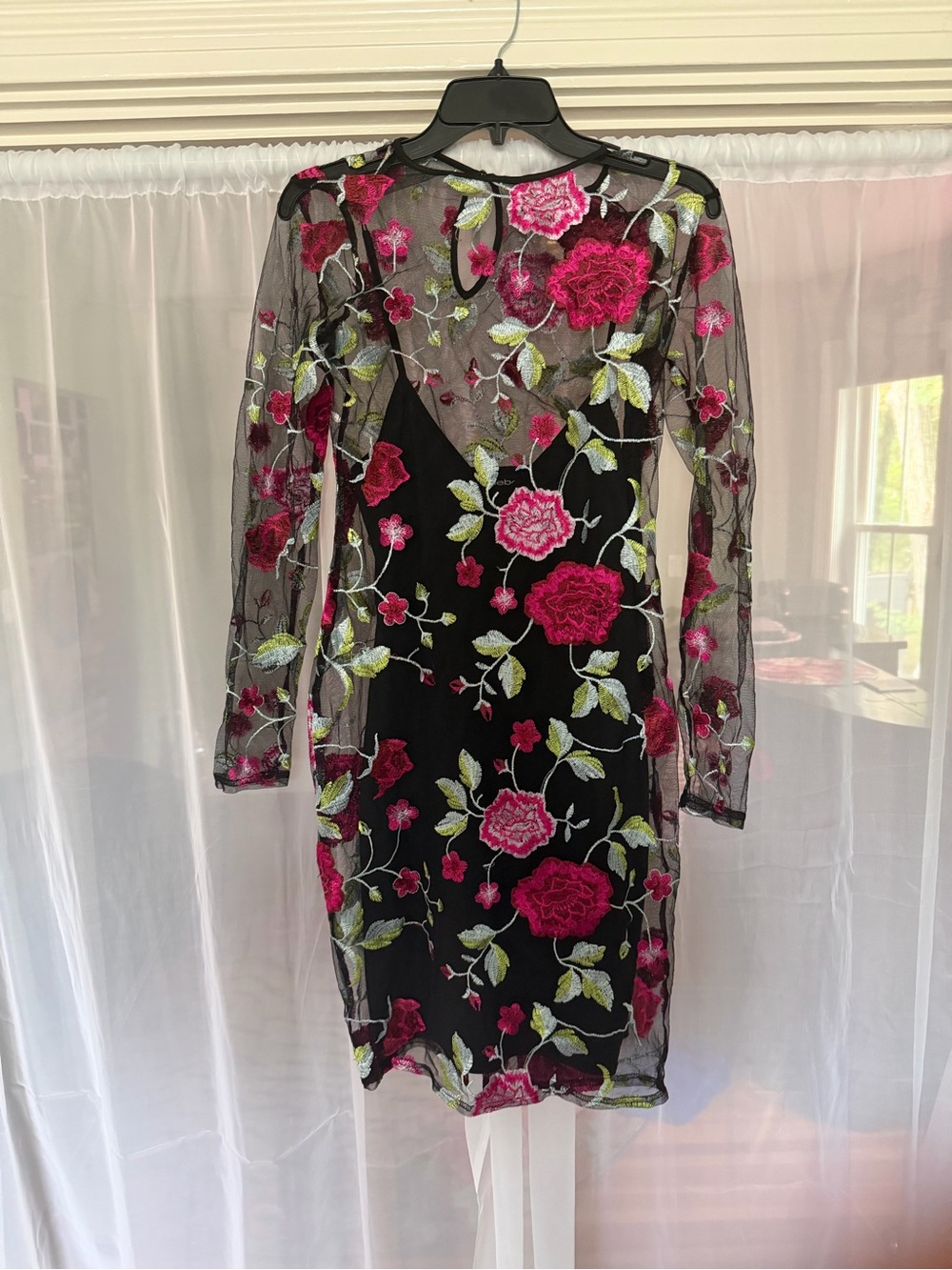 bebe Black Sheer Mesh Dress with Fuchsia Floral Embroidery - Picture 2 of 4